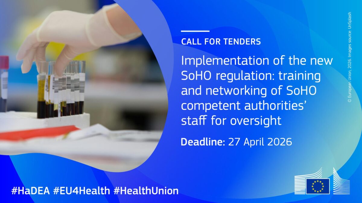 Pubblicato il bando di gara EU4Health HADEA/2026/OP/0001 - Attuazione del nuovo regolamento SoHO: formazione e creazione di reti tra il personale delle autorità competenti in materia di SoHO ai fini della vigilanza. Scadenza: 27.04.26.
