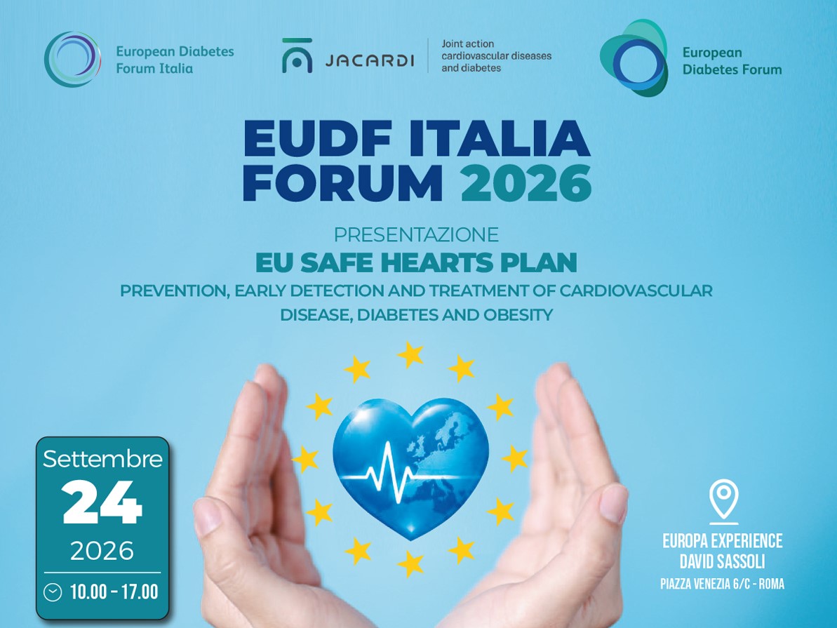 JACARDI & EUDF: incontro sui Registri Diabete in Italia SOTTOTITOLO “Dall'Innovazione Regionale alla Strategia Nazionale - Il contributo dei Registri Diabete per il futuro della prevenzione, della governance e della gestione della malattia in Italia” si terrà il 24.09.26 a Roma e online.
